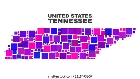 Mosaic Tennessee State map isolated on a white background. Vector geographic abstraction in pink and violet colors. Mosaic of Tennessee State map combined of random square elements.