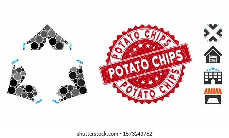 Mosaic tent camp icon and distressed stamp seal with Potato Chips phrase. Mosaic vector is created with tent camp icon and with random circle spots. Potato Chips stamp seal uses red color,