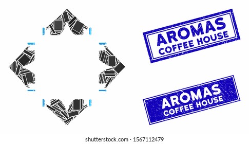 Mosaic tent camp pictogram and rectangle stamps. Flat vector tent camp mosaic pictogram of randomized rotated rectangle elements. Blue caption seal stamps with distress surface.