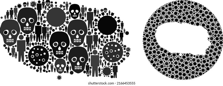 Mosaic Terceira Island map constructed from virus outbreak elements and population and dead head items. Infection virus Terceira Island map mosaic formed with circle and subtracted space.