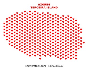 Mosaic Terceira Island map of heart hearts in red color isolated on a white background. Regular red heart pattern in shape of Terceira Island map. Abstract design for Valentine illustrations.