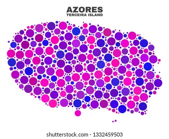 Mosaic Terceira Island map isolated on a white background. Vector geographic abstraction in pink and violet colors. Mosaic of Terceira Island map combined of random circle dots.