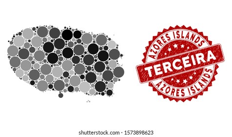 Mosaic Terceira Island map and round seal stamp. Flat vector Terceira Island map mosaic of randomized spheric items. Red seal stamp with grunge design.