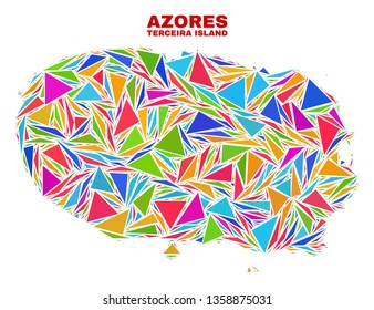 Mosaic Terceira Island map of triangles in bright colors isolated on a white background. Triangular collage in shape of Terceira Island map. Abstract design for patriotic decoration.