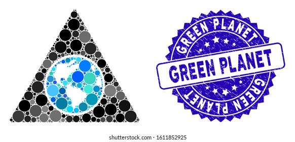 Mosaic terra triangle icon and corroded stamp seal with Green Planet text. Mosaic vector is composed with terra triangle pictogram and with scattered round spots.