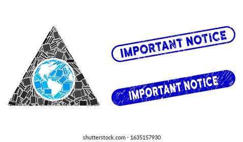 Mosaic terra triangle and rubber stamp seals with Important Notice phrase. Mosaic vector terra triangle is composed with scattered rectangle items. Important Notice stamp seals use blue color,