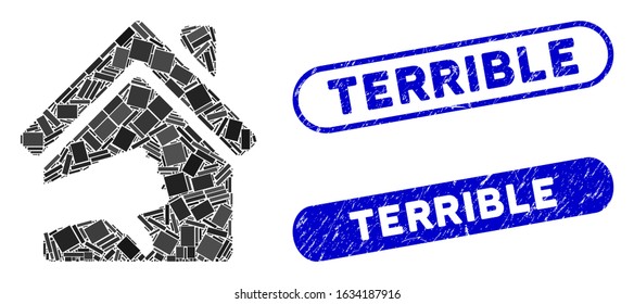 Mosaic terrible house and distressed stamp seals with Terrible text. Mosaic vector terrible house is composed with randomized rectangle items. Terrible seals use blue color,