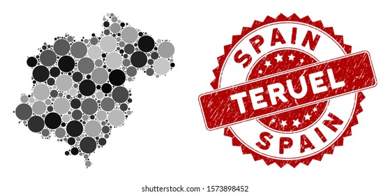 Mosaic Teruel Province map and circle rubber print. Flat vector Teruel Province map mosaic of randomized circle items. Red rubber seal with scratched design.