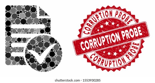 Mosaic test page and corroded stamp seal with Corruption Probe caption. Mosaic vector is composed from test page icon and with random round elements. Corruption Probe stamp seal uses red color,