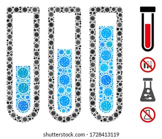 Tubos de prueba de mosaico construidos a partir de iconos del virus covid-2019 en tamaños variables y tonos de color. Los iconos de infección vectorial se organizan en un icono de tubos de prueba de mosaico abstracto. Se añaden algunos iconos adicionales.