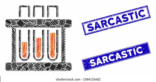 Mosaic test tubes icon and rectangular Sarcastic rubber prints. Flat vector test tubes mosaic icon of randomized rotated rectangle items. Blue Sarcastic seal stamps with grunged texture.