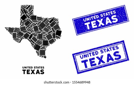 Mosaic Texas map and rectangle seals. Flat vector Texas map mosaic of random rotated rectangle items. Blue caption rubber seals with rubber texture. Designed for political and patriotic doctrines.