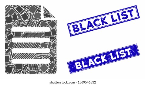 Mosaic text page pictogram and rectangular seal stamps. Flat vector text page mosaic pictogram of random rotated rectangular items. Blue caption seal stamps with scratched textures.