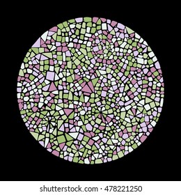 Mosaic texture in a round shape on black background. 