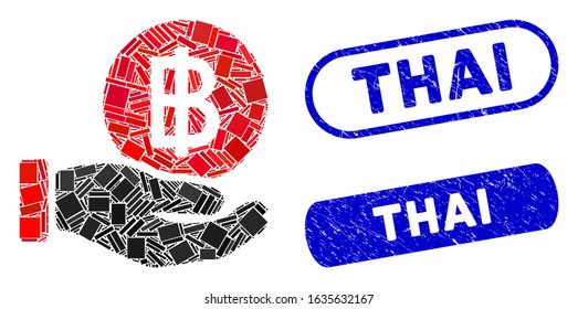 Mosaic Thai Baht coin payment and corroded stamp seals with Thai caption. Mosaic vector Thai Baht coin payment is designed with scattered rectangle items. Thai stamp seals use blue color,