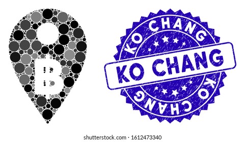 Mosaic Thai Baht map marker icon and grunge stamp seal with Ko Chang phrase. Mosaic vector is composed with Thai Baht map marker pictogram and with randomized round items.