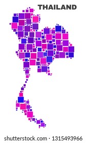 Mosaic Thailand map isolated on a white background. Vector geographic abstraction in pink and violet colors. Mosaic of Thailand map combined of scattered square elements.