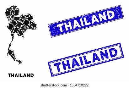Mosaic Thailand map and rectangle seal stamps. Flat vector Thailand map mosaic of randomized rotated rectangle items. Blue caption stamps with rubber texture.
