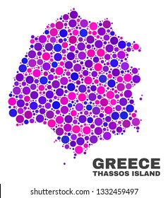 Mosaic Thassos Island map isolated on a white background. Vector geographic abstraction in pink and violet colors. Mosaic of Thassos Island map combined of scattered circle items.