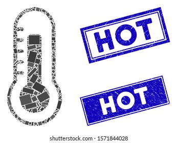 Mosaic thermometer pictogram and rectangular Hot seal stamps. Flat vector thermometer mosaic pictogram of randomized rotated rectangle items. Blue Hot seal stamps with dirty surface.