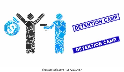 Mosaic thief arrest icon and rectangular Detention Camp rubber prints. Flat vector thief arrest mosaic icon of randomized rotated rectangular elements.