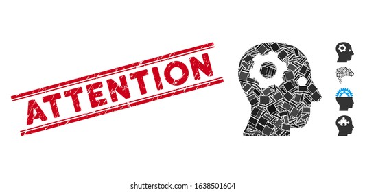Mosaic thinking gear pictogram and red Attention seal between double parallel lines. Flat vector thinking gear mosaic pictogram of random rotated rectangle elements.