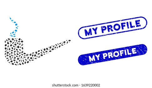 Mosaic thinking and grunge stamp seals with My Profile phrase. Mosaic vector thinking is designed with randomized oval items. My Profile stamp seals use blue color, and have round rectangle shape.