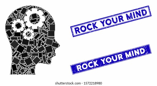 Mosaic thinking pictogram and rectangular Rock Your Mind watermarks. Flat vector thinking mosaic pictogram of scattered rotated rectangular elements.