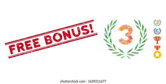 Mosaic third laurel wreath icon and red Free Bonus! stamp between double parallel lines. Flat vector third laurel wreath mosaic icon of scattered rotated rectangle items.