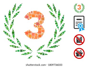 Mosaic Third laurel wreath icon composed of square elements in random sizes and color hues. Vector square elements are composed into abstract composition third laurel wreath icon.