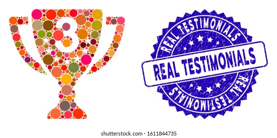Mosaic third place cup icon and rubber stamp watermark with Real Testimonials text. Mosaic vector is formed with third place cup icon and with randomized round items.