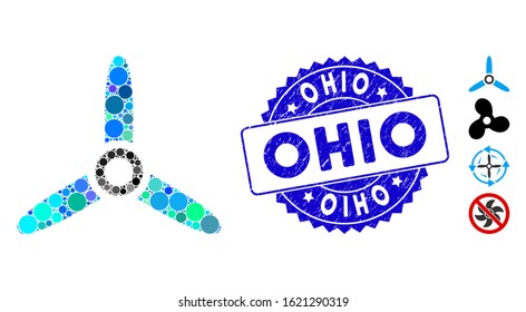 Mosaic three bladed screw icon and corroded stamp seal with Ohio caption. Mosaic vector is composed with three bladed screw icon and with randomized spheric spots. Ohio stamp seal uses blue color,