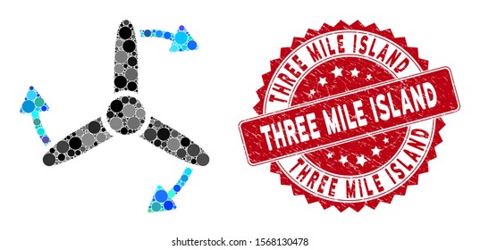 Mosaic three bladed screw rotation and grunge stamp watermark with Three Mile Island text. Mosaic vector is designed with three bladed screw rotation icon and with randomized spheric elements.