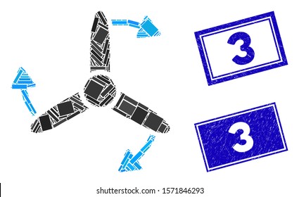 Mosaic three bladed screw rotation pictogram and rectangle 3 rubber prints. Flat vector three bladed screw rotation mosaic pictogram of randomized rotated rectangular items.