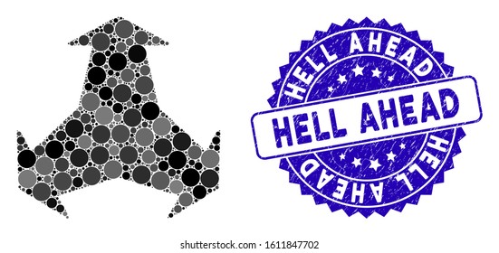 Mosaic three directions icon and corroded stamp seal with Hell Ahead phrase. Mosaic vector is formed with three directions icon and with scattered circle elements.