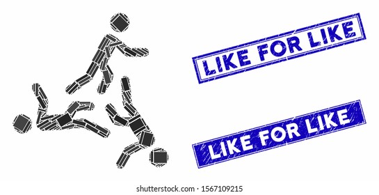 Mosaic three moving men icon and rectangular seals. Flat vector three moving men mosaic icon of random rotated rectangular elements. Blue caption watermarks with distress surface.