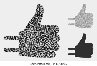 Mosaic Thumb up adapter icon constructed from round and square elements in different sizes, positions and proportions.