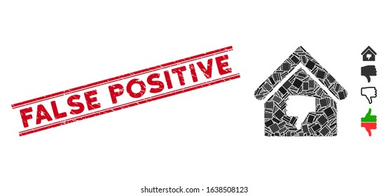 Mosaic thumb down building icon and red False Positive stamp between double parallel lines. Flat vector thumb down building mosaic icon of randomized rotated rectangle elements.