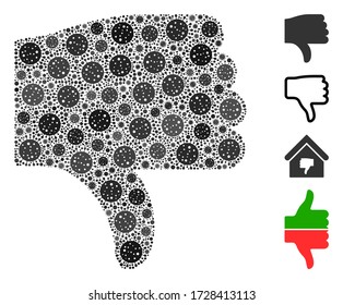 Mosaic thumb down composed of SARS virus icons in different sizes and color hues. Vector pathogen items are composed into abstract mosaic thumb down icon. Some bonus icons are added.