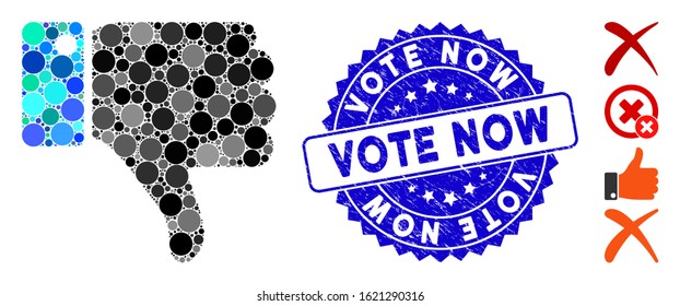 Mosaic thumb down icon and distressed stamp seal with Vote Now caption. Mosaic vector is created with thumb down icon and with random spheric elements. Vote Now stamp seal uses blue color,