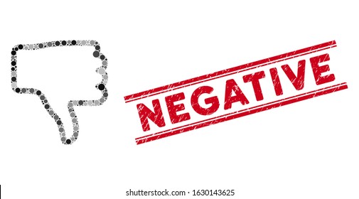 Mosaic thumb down icon and distressed stamp seal with Negative text between double parallel lines. Mosaic vector is created with thumb down icon and with scattered spheric items.