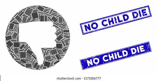Mosaic thumb down icon and rectangle No Child Die seal stamps. Flat vector thumb down mosaic icon of random rotated rectangle items. Blue No Child Die stamps with corroded texture.