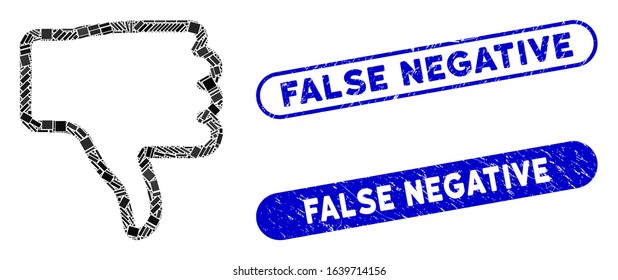 Mosaic thumb down icon and red rounded corroded stamp seal with False Negative text and coronavirus symbol. Mosaic vector is designed with thumb down icon and with randomized circle elements.
