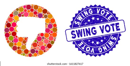 Mosaic thumb down icon and rubber stamp seal with Swing Vote phrase. Mosaic vector is formed with thumb down icon and with randomized round elements. Swing Vote stamp seal uses blue color,