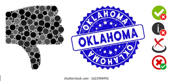 Mosaic thumb down icon and rubber stamp watermark with Oklahoma caption. Mosaic vector is created with thumb down icon and with scattered round elements. Oklahoma stamp seal uses blue color,