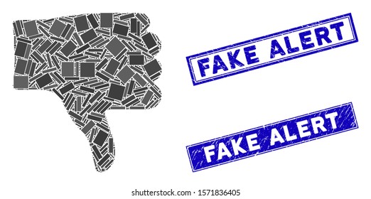 Mosaic thumb down pictogram and rectangular Fake Alert seal stamps. Flat vector thumb down mosaic pictogram of random rotated rectangular elements.