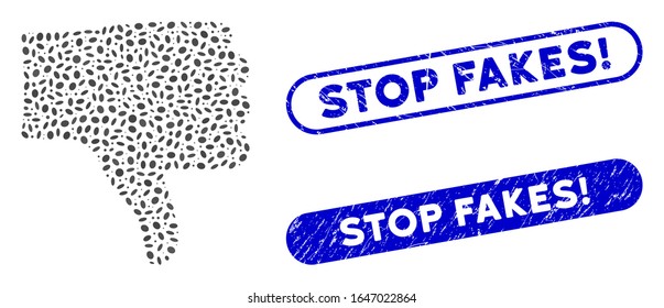 Mosaico pulgar abajo y sellos de goma marcas de agua con Stop Fakes! subtítulo. El pulgar vectorial mosaico abajo está compuesto por puntos elípticos aleatorios. ¡Basta de falsificaciones! los sellos de sellos utilizan color azul,