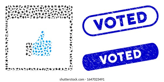 Mosaic thumb up hand calendar page and rubber stamp seals with Voted caption. Mosaic vector thumb up hand calendar page is formed with randomized oval spots. Voted seals use blue color,