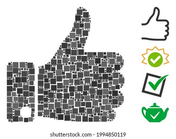 Mosaic Thumb up icon composed of square items in random sizes and color hues. Vector square items are combined into abstract mosaic thumb up icon. Bonus icons are added.