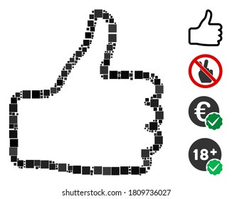 Mosaic Thumb up icon designed from square elements in random sizes and color hues. Vector square elements are grouped into abstract mosaic thumb up icon. Bonus icons are placed.